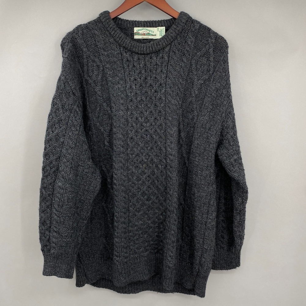Aran Crafts Fisherman Sweater Mens XXL Charcoal Gray Wool Cable Knit Ireland